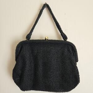 Gorgeous! Vintage Black Lumured Corde Bead Handbag W/Gold-Tone Kiss-Lock Clasp